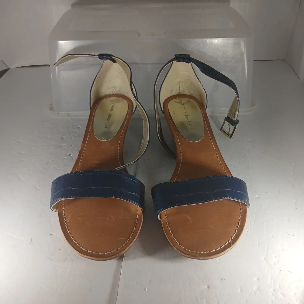 Tommy Hilfiger Wedge Sandals 9.5 Navy Blue Croc Embossed Ankle Strap TWMOLINA2-T
